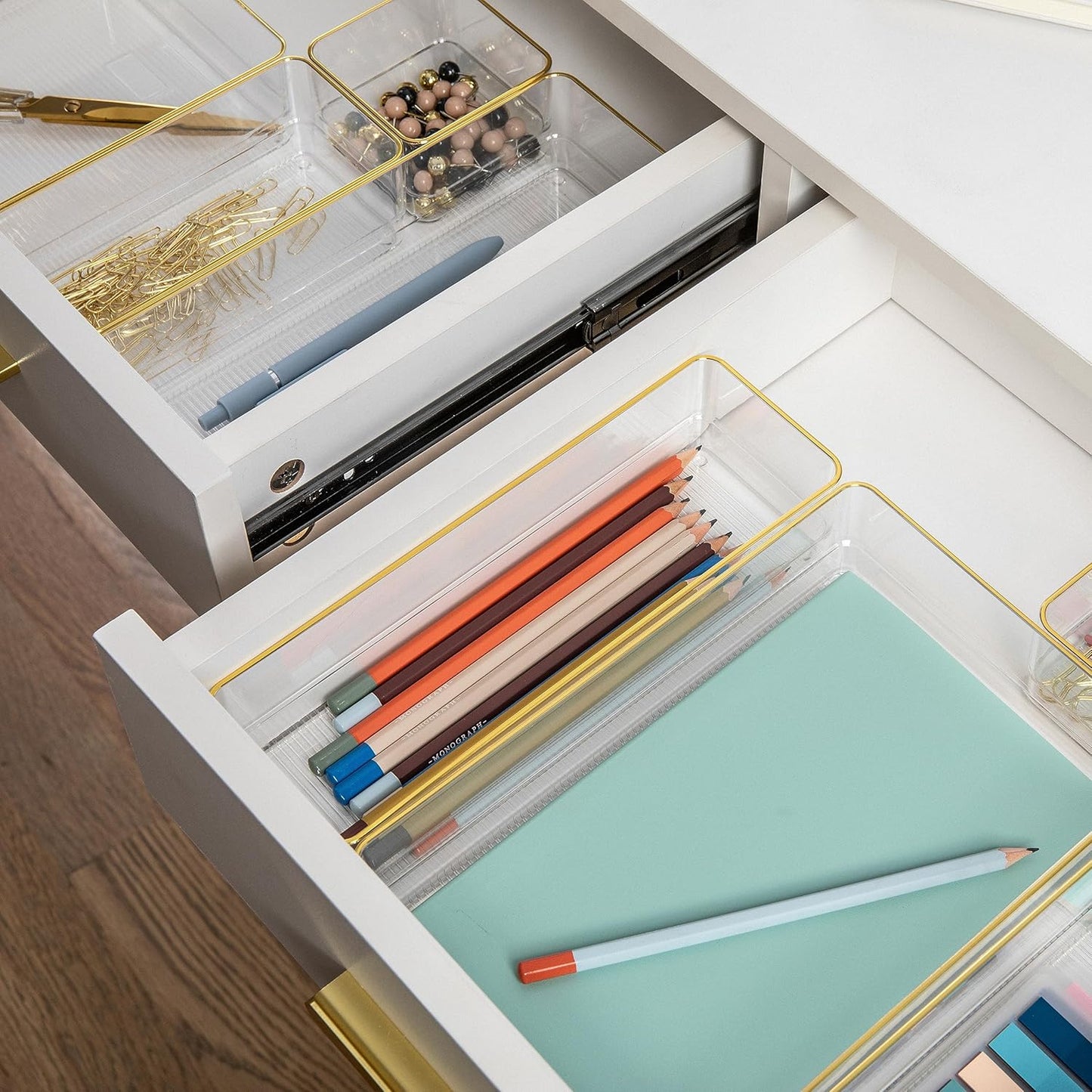 Martha Stewart Kerry Plastic Stackable Office Desk Drawer Organizers, Set of 8, with Gold Trim
