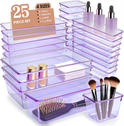 Clear Acrylic Drawer Organizers Set Storage for Makeup, Office Desk Small Vanity Trays for Drawer Bathroom Plastic Make up Organizers 25 Pcs