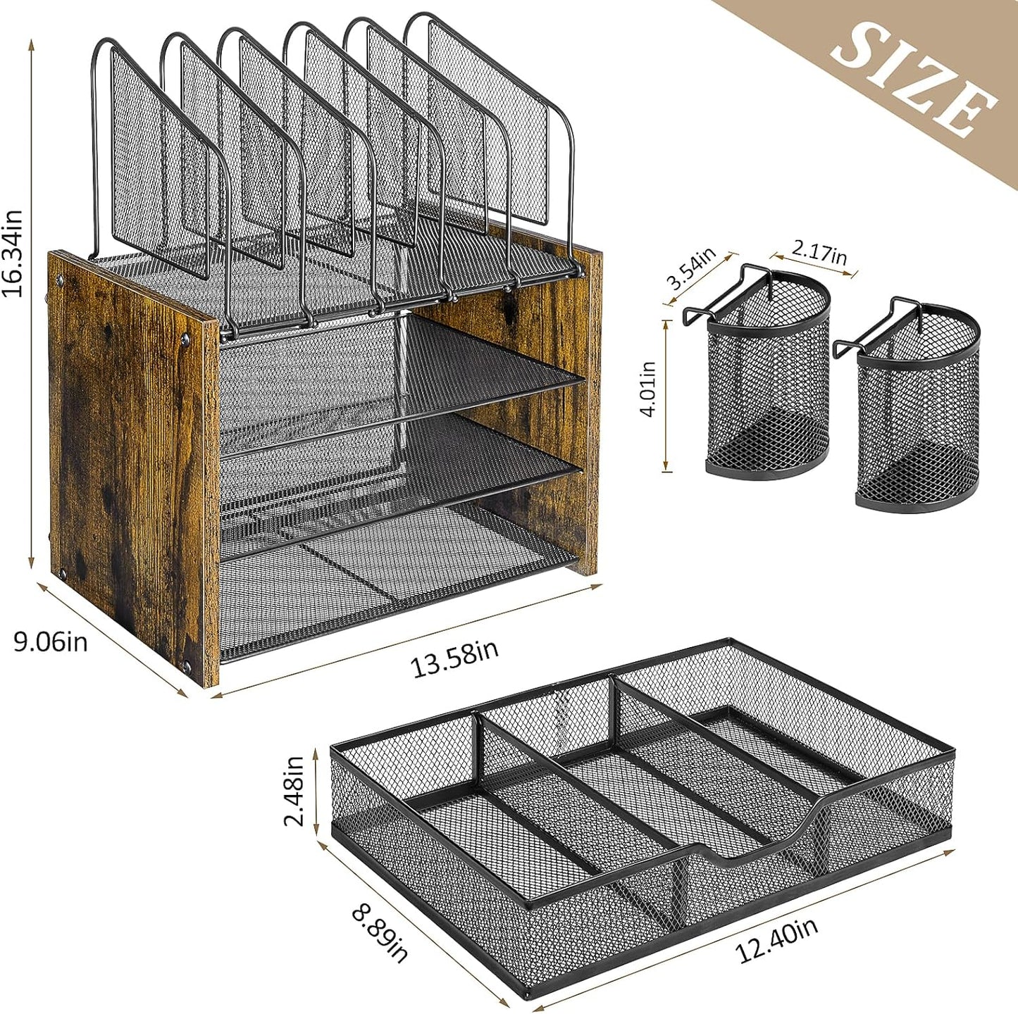 4-Tier Desk Organizer, Desk File Organizer with 5 Vertical File Holders, Office Desktop Organizer with 3 Level Paper Organizer Letter Tray, Wooden Desk Organizers and Accessories for Home Office