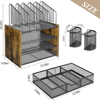 4-Tier Desk Organizer, Desk File Organizer with 5 Vertical File Holders, Office Desktop Organizer with 3 Level Paper Organizer Letter Tray, Wooden Desk Organizers and Accessories for Home Office