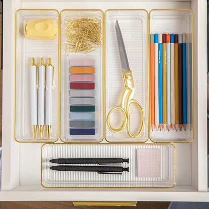 Martha Stewart Kerry Plastic Stackable Office Desk Drawer Organizers, 6" x 3", 6 Pack, with Gold Trim
