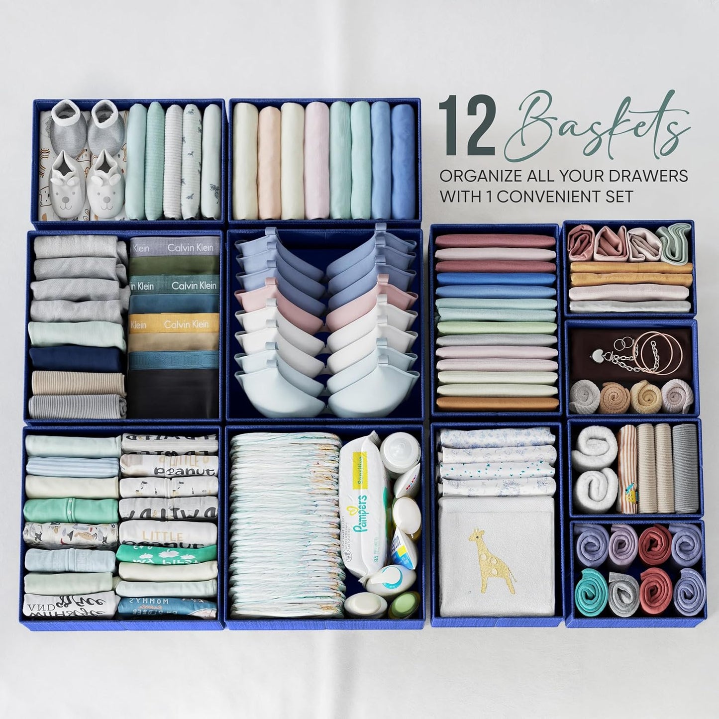 Drawer Organizer Clothes Set of 12 Grey - Dresser Organizer For Nursery, Bedroom, Closet - The Perfect Baby Clothes Organizer and Storage & General Nursery Organization or Dresser Drawer Organizers