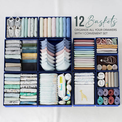 Drawer Organizer Clothes Set of 12 Grey - Dresser Organizer For Nursery, Bedroom, Closet - The Perfect Baby Clothes Organizer and Storage & General Nursery Organization or Dresser Drawer Organizers