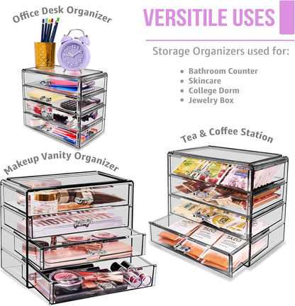 Sorbus Acrylic Makeup Organizer Set, 4-Drawer Vanity & Countertop Cosmetic Storage with Wide Drawers, Clear Makeup Storage for Brushes, Lipsticks, Jewelry – Holiday Gift for Women & Teens