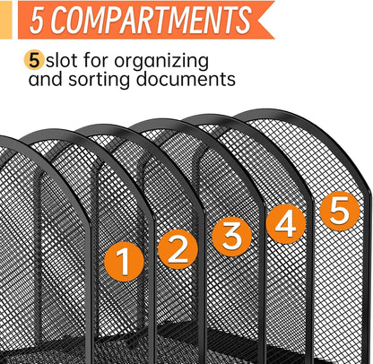 MINDEPOT 5-Section Desk File Organizer, Vertical Desktop File Holder Mail Sorter File Folder Holder Organization for Office School & Classroom (Black - 1Pack)