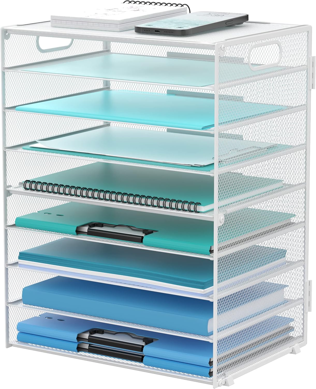 DALTACK 9-Tier Paper Organizer for Desk, Mesh Letter Tray Desk Organizer with Handles, Space-Saving File Organizer for Office Home School Classroom, Black