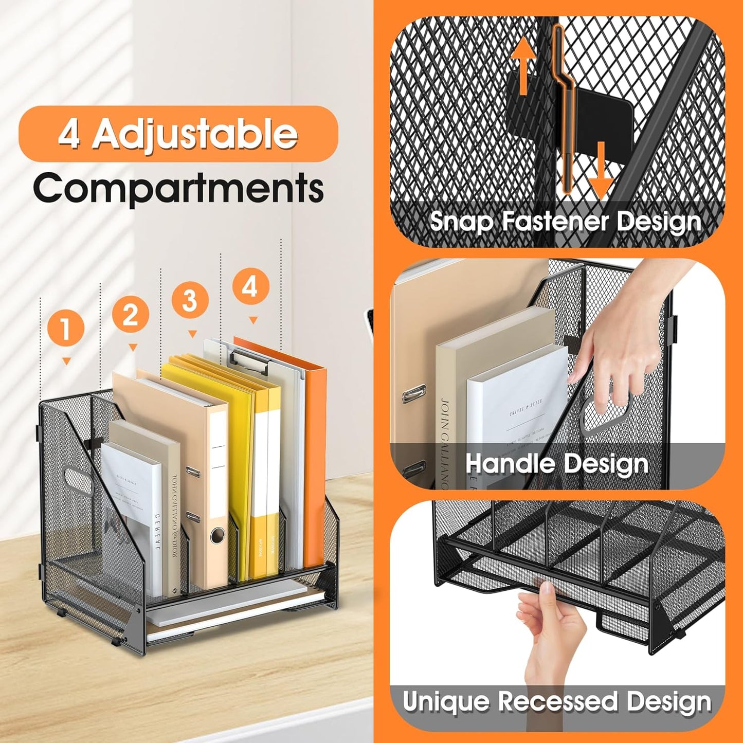 Desk File Folder Holder Organizer-5 Vertical Compartments Racks and Paper Letter Tray,Mesh Magazine File Holder Sorter,Desktop Accessories & Workspace Organizers for Home,Office,School-Black