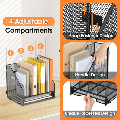 Desk File Folder Holder Organizer-5 Vertical Compartments Racks and Paper Letter Tray,Mesh Magazine File Holder Sorter,Desktop Accessories & Workspace Organizers for Home,Office,School-Black