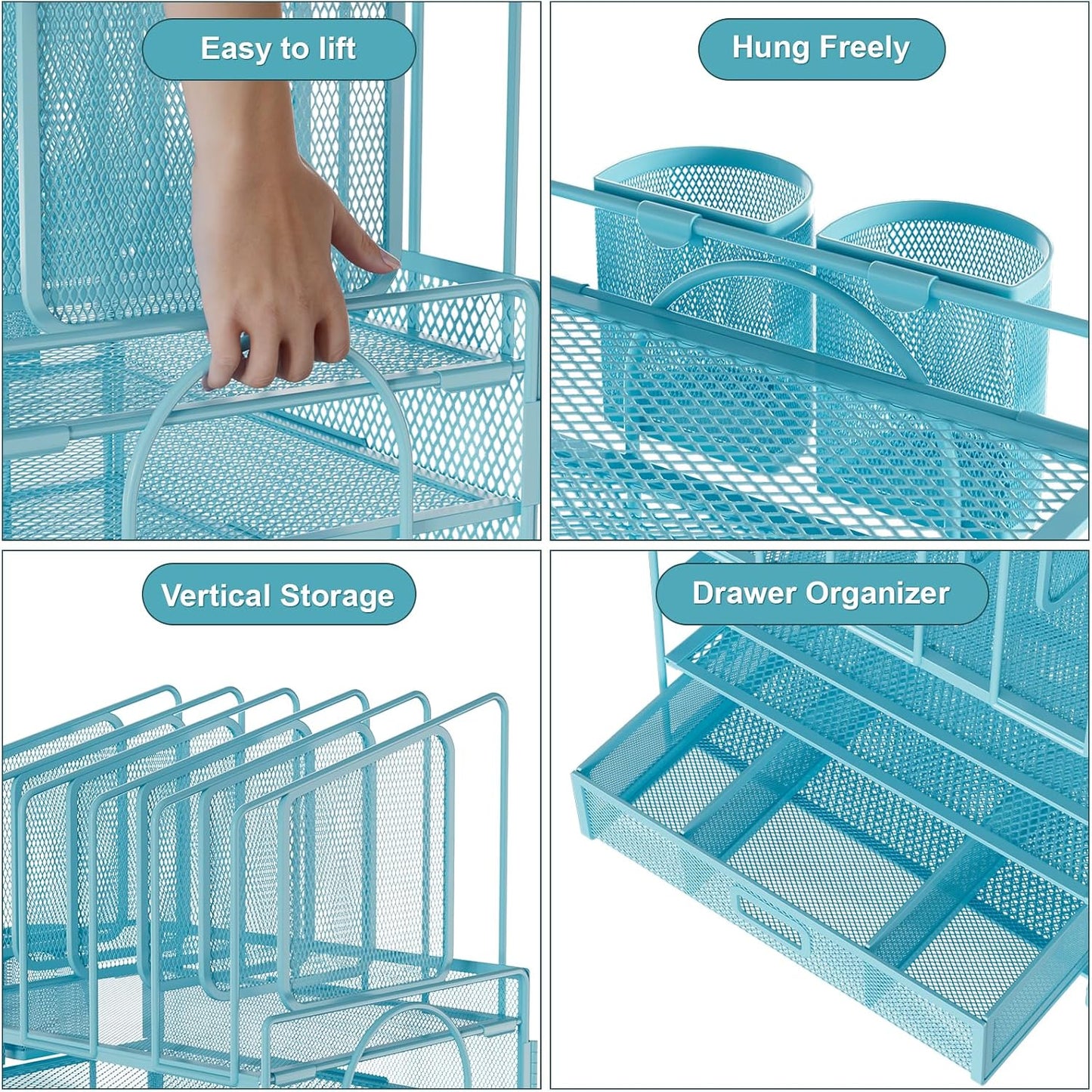 Marbrasse Desk Organizer with Drawer, 4-Tier Mesh File Organizer with 5 Vertical File Holders and 2 Pen Holders, Multifunction Desktop Organizer,Desk Organizers and Accessories for Home Office