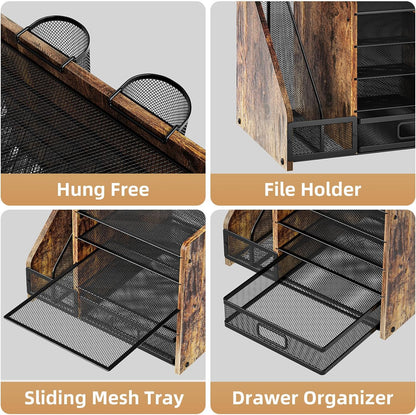 Marbrasse Desk Organizer with File Holder, 5-Tier Paper Letter Tray Organizer with Drawer and 2 Pen Holder, Mesh Desktop Organizer and Storage with Magazine Holder for Office Supplies(Black)