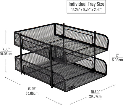Mind Reader Paper Tray, Desk Organizer, Stackable, Storage, Office, Metal Mesh, 10.5" L x 13.25" W x 7.5" H, Set of 2, Black