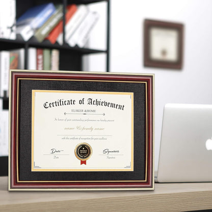 ELSKER&HOME Diploma Frame - Wide Solid Wood Frame - Black Velvet Golden Rim Mat - Semi-Tempered Glass - Includes Hanging Hardware and Desktop Easel(ONLY Display 11×14 Document/Certificate)