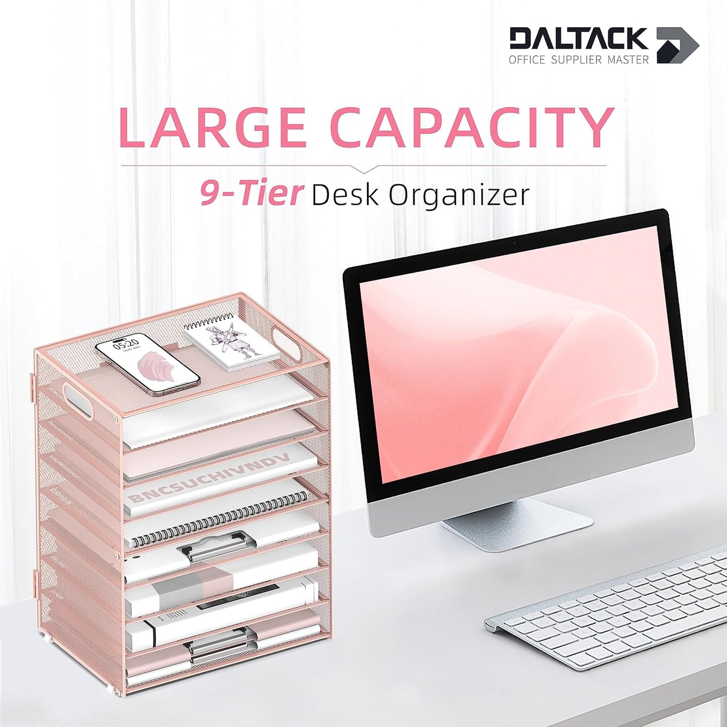 DALTACK 9-Tier Paper Organizer for Desk, Mesh Letter Tray Desk Organizer with Handles, Space-Saving File Organizer for Office Home School Classroom, Black