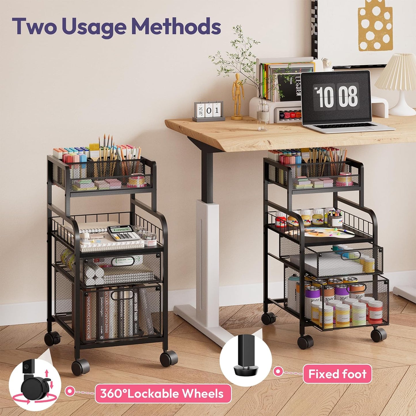 SWTYMIKI Rolling Cart with Drawers - Metal Utility Cart with Wood Shelf, DIY Divider and Locking Wheels, Craft & Art Cart Organizer for Under Desk Storage for Home Office Studio, Espresso