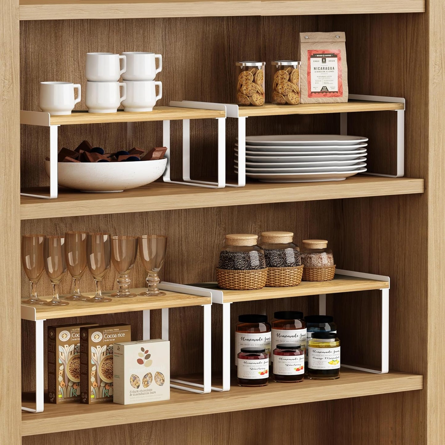 Goozii Kitchen Cabinet Organizer Shelf Set of 4, Large Stackable Pantry Cupboard Countertop Storage and Organizer, Desk Shelf Riser, Spice Plate Cup Expandable Storage Rack (Bamboo White)