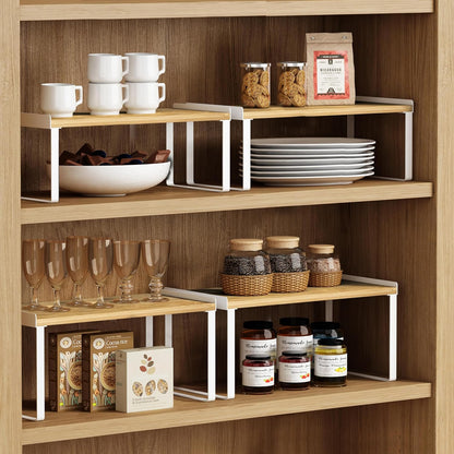 Goozii Kitchen Cabinet Organizer Shelf Set of 4, Large Stackable Pantry Cupboard Countertop Storage and Organizer, Desk Shelf Riser, Spice Plate Cup Expandable Storage Rack (Bamboo White)