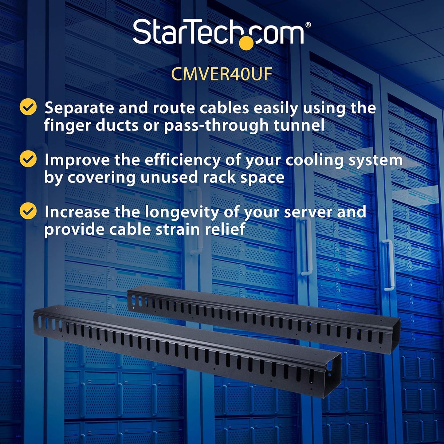 StarTech.com 3ft (1m) Vertical Cable Management Duct with Cover - 0U Open Slot Finger Duct Wire Raceway for 19 Inch Server Rack - Slotted Cord Channel (CMVER20UF)