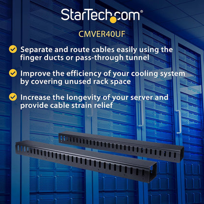 StarTech.com 3ft (1m) Vertical Cable Management Duct with Cover - 0U Open Slot Finger Duct Wire Raceway for 19 Inch Server Rack - Slotted Cord Channel (CMVER20UF)