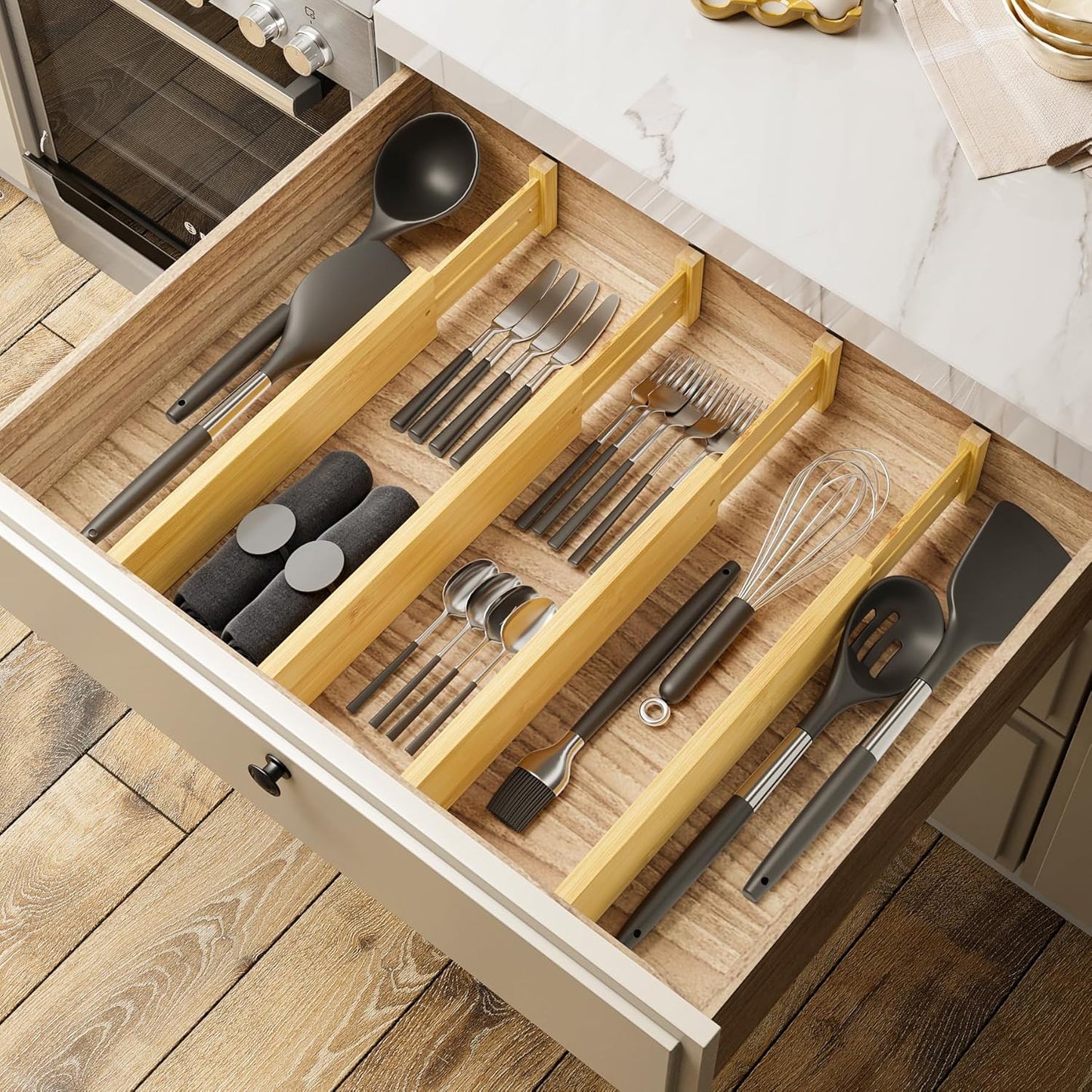 BAMEOS Drawer Dividers kitchen Organization Bamboo Utensil Organizers for Kitchen Bedroom Bathroom Dresser Office 4-pack