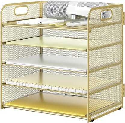 Letter Tray Paper Organizer 5-Tier Desk Organizer File Organizer Paper Holder with Handle, Metal Desktop Document Shelf Tray Office Classroom Organization - Black
