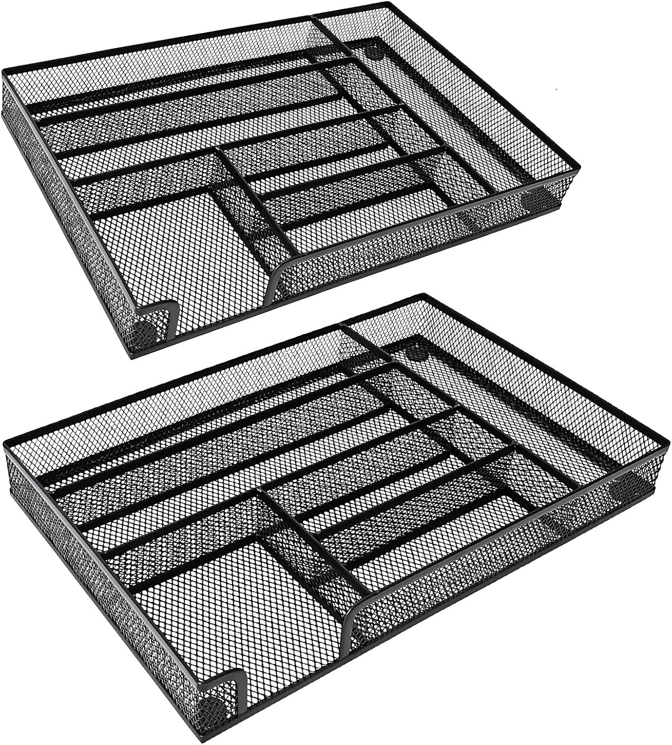Metal Mesh Desk Drawer Organizer Tray, 6-Compartment Office Drawer Organizer for Pens Supplies, 12.6"x8.27"x1.57" Black