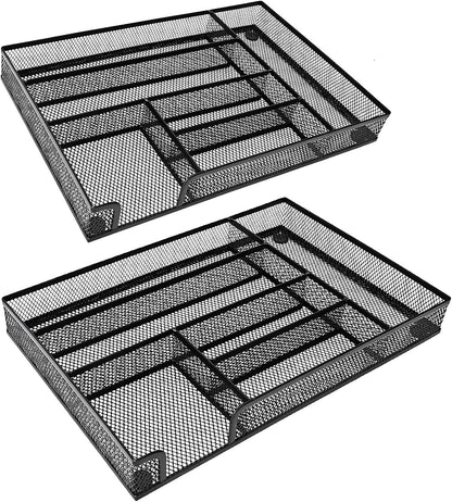 Metal Mesh Desk Drawer Organizer Tray, 6-Compartment Office Drawer Organizer for Pens Supplies, 12.6"x8.27"x1.57" Black
