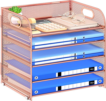 Paper Organizer Letter Tray with Handle, 5-Tier Black Stackable Desk Organizer with Metal Mesh, Sturdy Paper Tray for Office Desk, Home & Classroom Supplies Storage