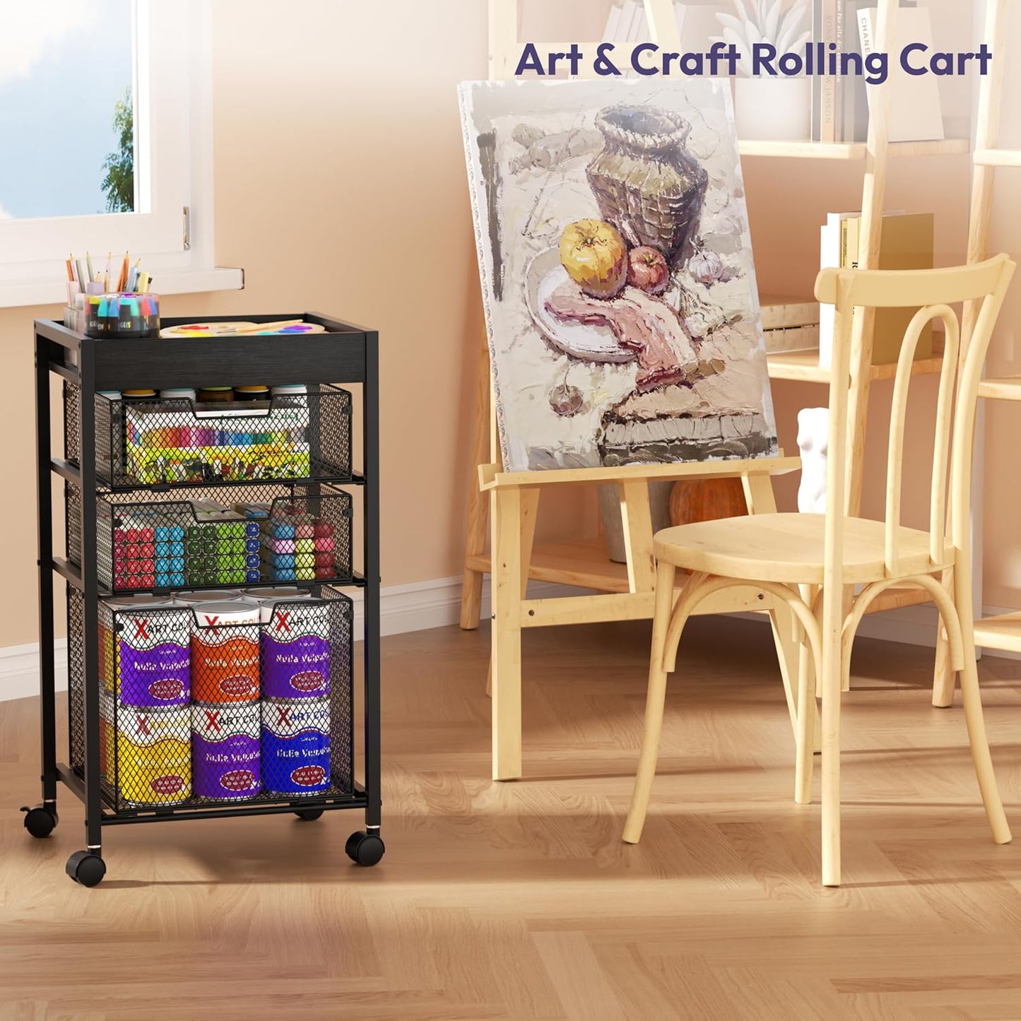 SWTYMIKI Rolling File Cart with Drawers - 4 Tier Under Desk Storage Craft Rolling Organizer Cart - Office Storage &Organization, Mobile Metal Filing Cabinet for Office and Home Espresso