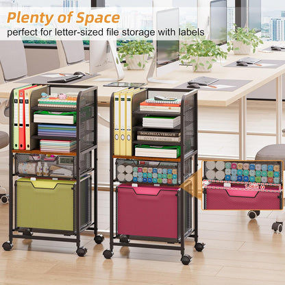 5-Tier Rolling File Cart Under Desk with Drawers, File Cabinet Organizer for Hanging File Folders, Letter-Size File Storage with Wheels, Multi-Layer Mobile Filing Cabinet for Under Desk Storage