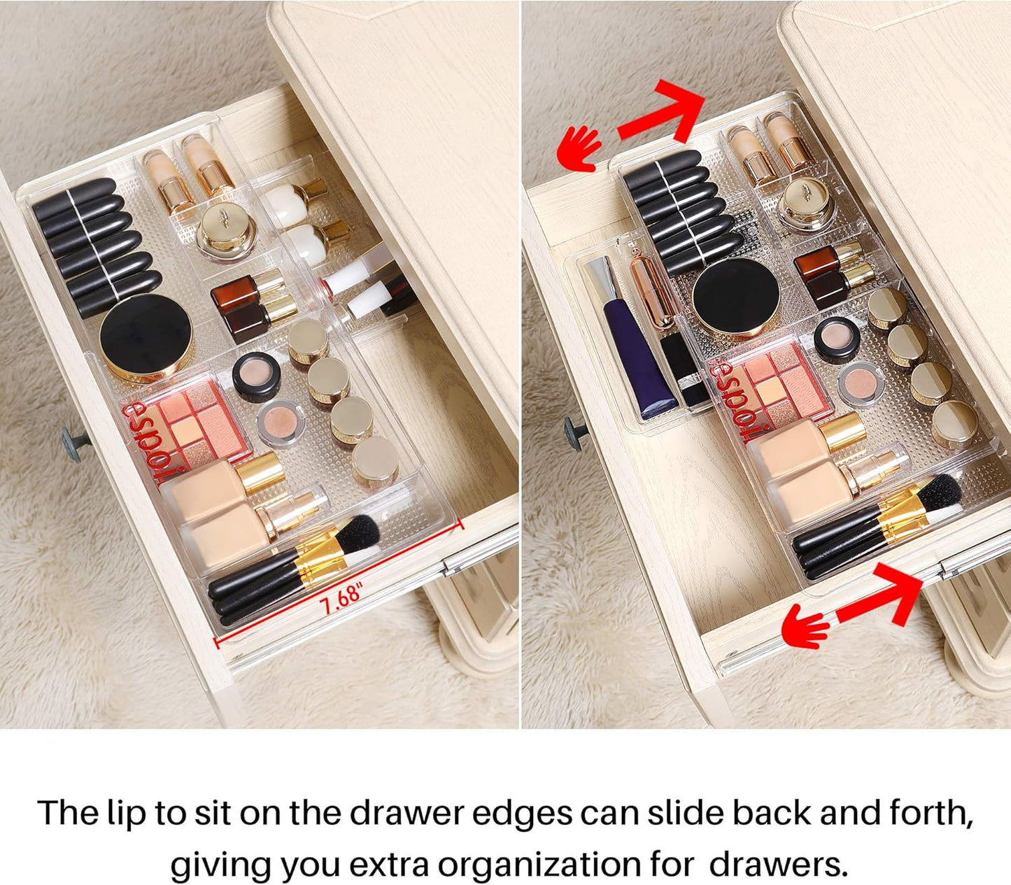 Oubonun Expandable Drawer Organizer 11.1” to 19.2” Width, Shallow Cosmetic Organizer 1.3” Height, 2 Packs, Clear Plastic Storage Trays for Dressing Table,Bathroom
