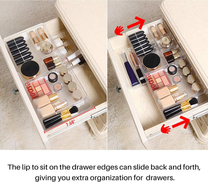 Oubonun Expandable Drawer Organizer 11.1” to 19.2” Width, Shallow Cosmetic Organizer 1.3” Height, 2 Packs, Clear Plastic Storage Trays for Dressing Table,Bathroom