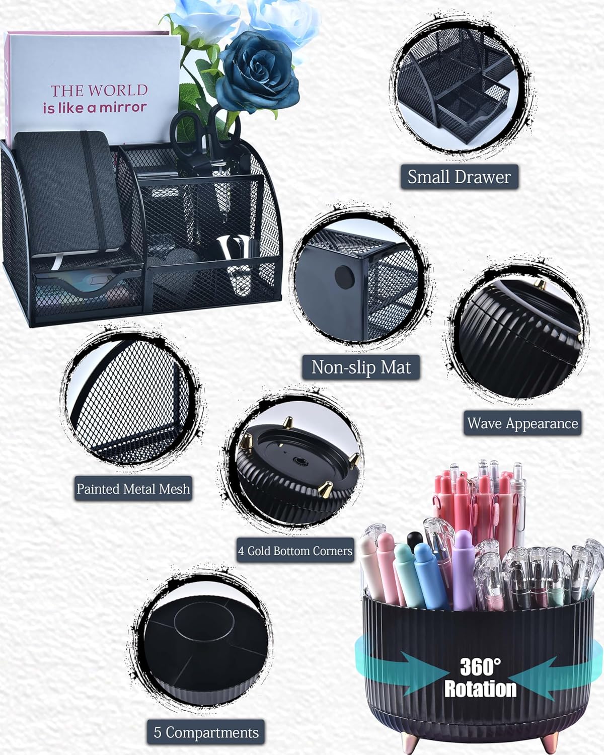 LXEVIHK 21Pcs Pink Desk Organizers and Accessories With Mesh Desk Organizer and 360°Rotating Pen Holder and a Lot of Office Pink Office Supplies Beautifully Presented in a Gift Box