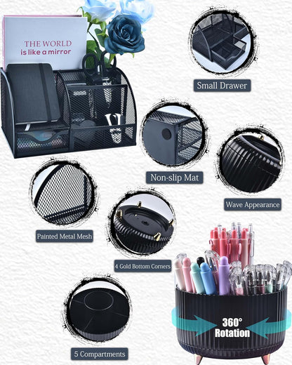 LXEVIHK 21Pcs Pink Desk Organizers and Accessories With Mesh Desk Organizer and 360°Rotating Pen Holder and a Lot of Office Pink Office Supplies Beautifully Presented in a Gift Box
