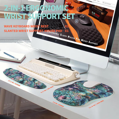 2-in-1 Ergonomic Set, Wave Rise Keyboard Wrist Rest and Massage Bulge Slope Mouse Pad Wrist Support, Cushion Memory Foam Integrated to Relieve Wrist Pain, Black