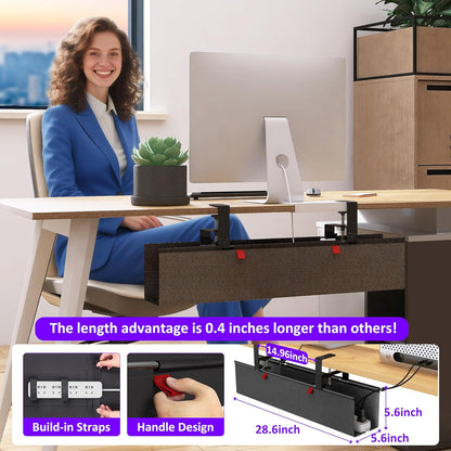 Under Desk Cable Management Tray - Under Desk Cord Management - Clamp/Screw Mount - Fabric Wire Management - Cable Raceways Tray Cord Hiders for Office/Home (Black, 35.8"×5.6")