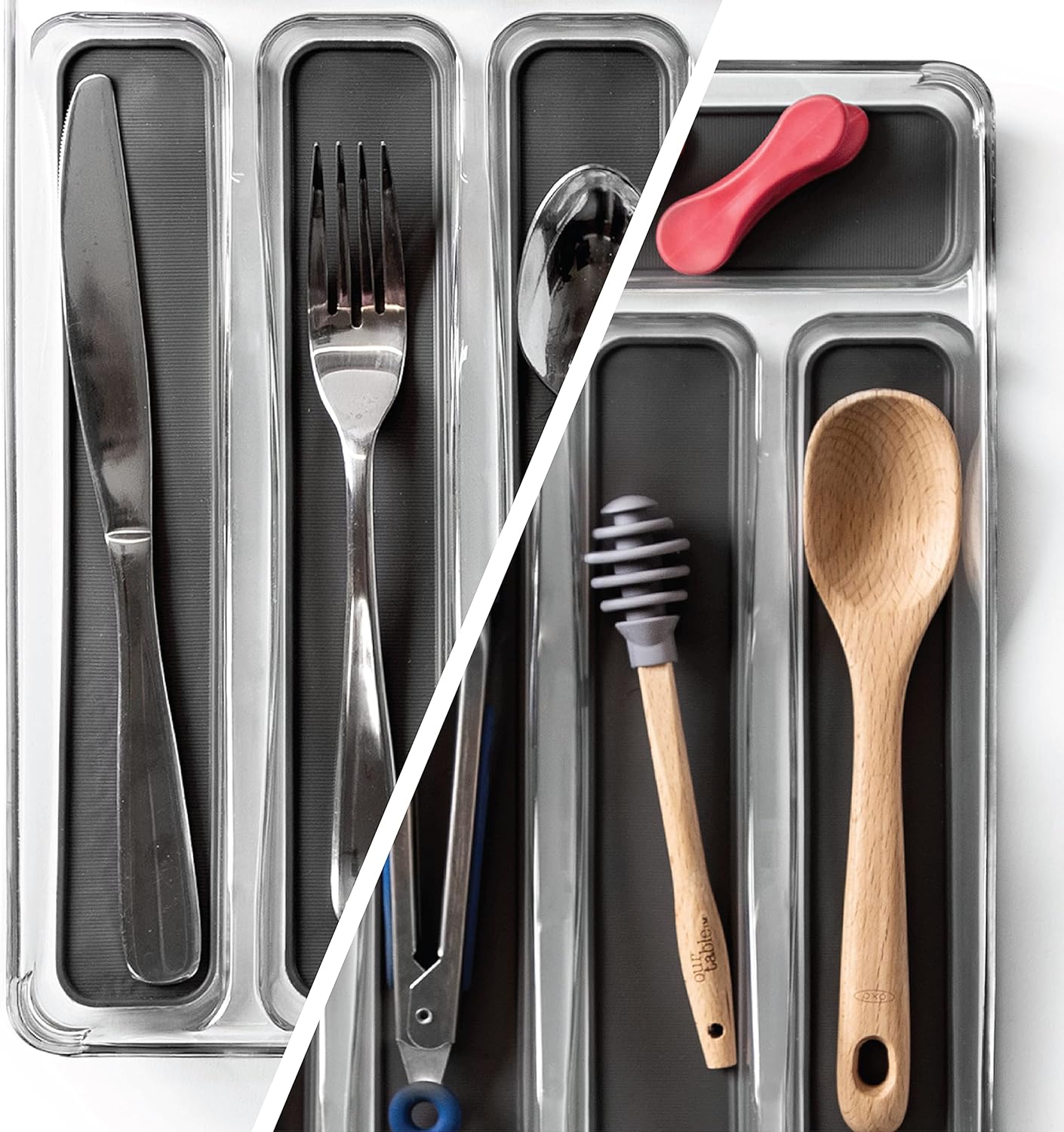 BINO 5-Slot Silverware Organizer for Drawer | Plastic Utensil Kitchen Drawers Tray Organization w/Grip Lining (Light Grey)