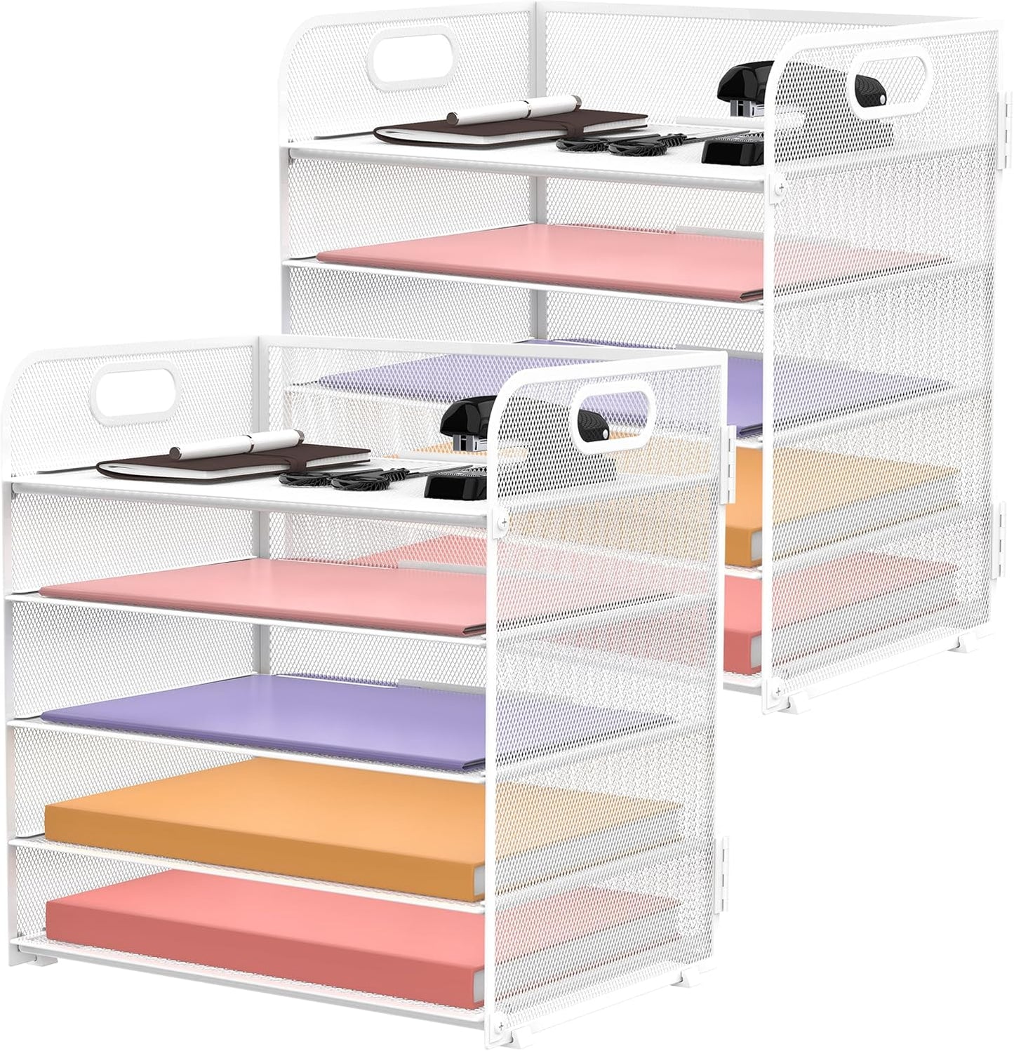 Supeasy 5 Trays Paper Organizer Letter Tray with Handle-Mesh Desk File Holders, Paper Sorter Desk Organizer for Office, Home, Classroom or School, White