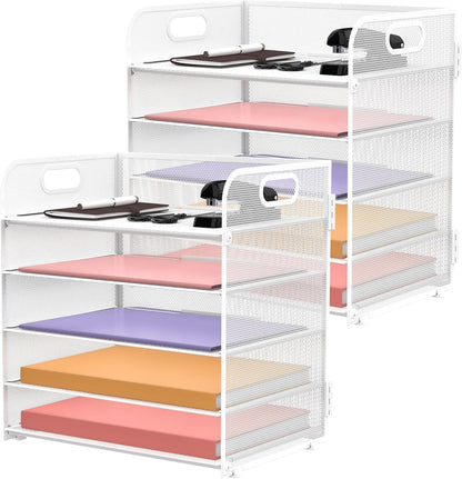 Supeasy 5 Trays Paper Organizer Letter Tray with Handle-Mesh Desk File Holders, Paper Sorter Desk Organizer for Office, Home, Classroom or School, White