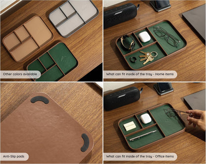MUUJEE Leather Catchall Multitray (Design 3) - 11.65 x 7.75 x 0.8, Nightstand Entryway Bedside Dump Tray Valet Organizer for Keys Phone Wallet Watch Glasses Pens, Office Desk Accessory for Men, Green