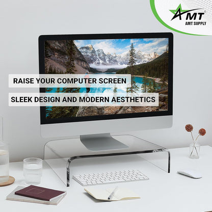 AMT Acrylic Laptop Monitor Stand & Computer Riser with Cat Keyboard Protector, Space-Saving Design, Extra Storage, Clear Shelf - Ideal for Monitors, Laptops, Printers, Desktop Decor