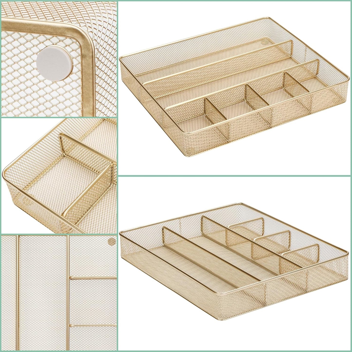Annova Desk Drawer Organizer Tray for Office Organization - Metal Mesh - Storage Tray with Dividers for Pens, Desktop Accessories, Bathroom, Kitchen, Makeup and Office Supplies (Small, Gold)