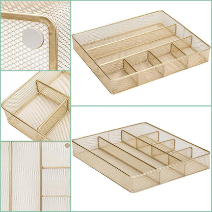 Annova Desk Drawer Organizer Tray for Office Organization - Metal Mesh - Storage Tray with Dividers for Pens, Desktop Accessories, Bathroom, Kitchen, Makeup and Office Supplies (Small, Gold)