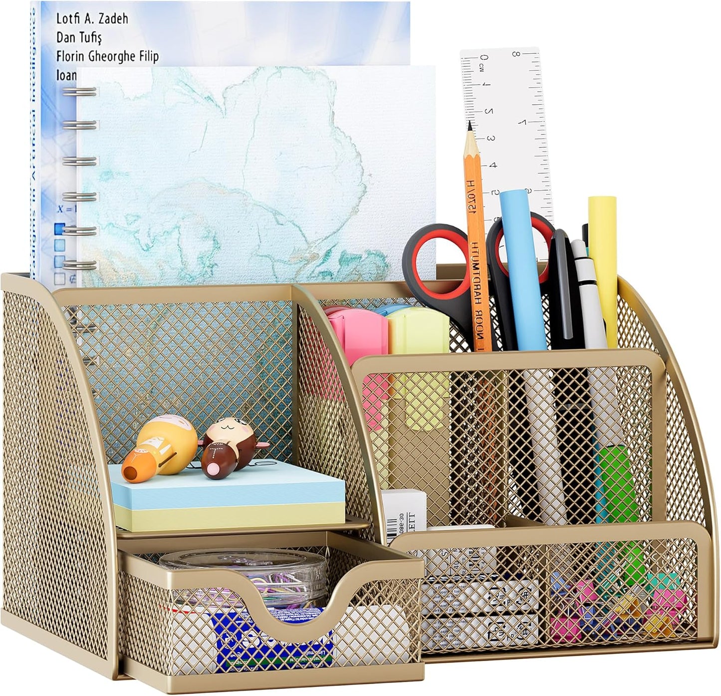 EasyPAG Mesh Desk Organizer with Drawer Multi-functional Pen Holder Stationery Organizer for Office School Supplies 6 Compartments Dorm Organizers and Storage for Desk, Black