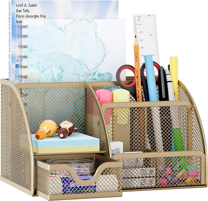 EasyPAG Mesh Desk Organizer with Drawer Multi-functional Pen Holder Stationery Organizer for Office School Supplies 6 Compartments Dorm Organizers and Storage for Desk, Black