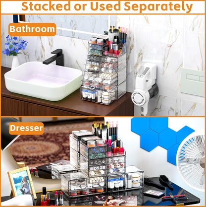 Cq acrylic Make Up Organizers for Vanity With 14 Drawers, 4 Pack Clear Drawer Organizers,Plastic Cute Desk Accessories Organization and Bathroom Organizers Storage Case Box Cube for Beauty,Skin Care