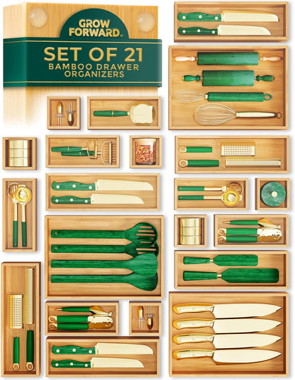 Grow Forward Bamboo Drawer Organizer Boxes - Set of 14 Wooden Drawer Organizers for Kitchen, Bathroom, Office, Desk, Vanity, Makeup - Non-Slip Junk Drawer Organizer Trays for Storage and Organization