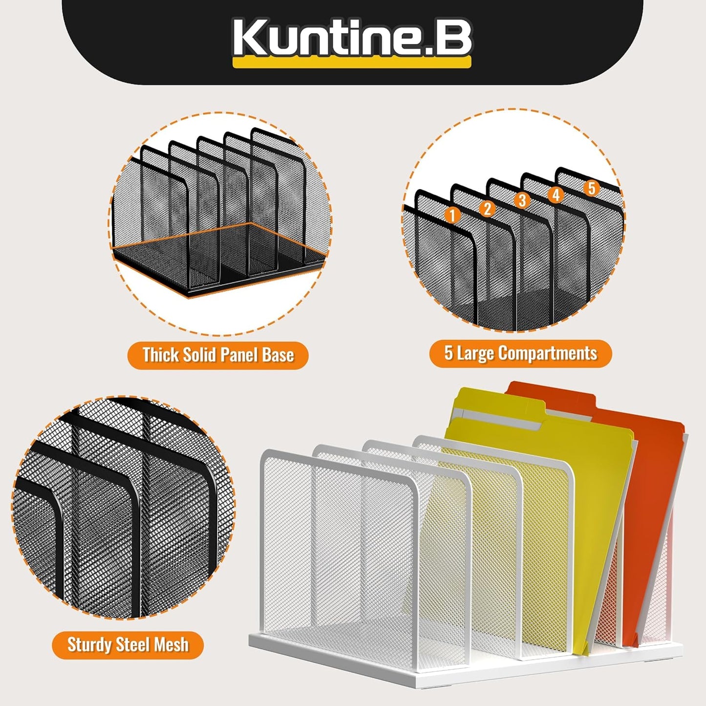 Kuntine.B Desk File Organizer 5 Sections Upright Mesh Desktop Organizer File Sorter Office Organization File Holder for Home, Office & Classroom