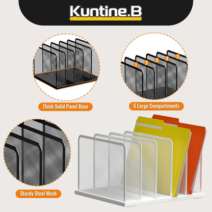 Kuntine.B Desk File Organizer 5 Sections Upright Mesh Desktop Organizer File Sorter Office Organization File Holder for Home, Office & Classroom