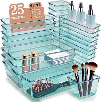 Clear Acrylic Drawer Organizers Set Storage for Makeup, Office Desk Small Vanity Trays for Drawer Bathroom Plastic Make up Organizers 25 Pcs