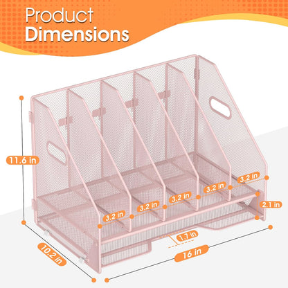 Desk File Folder Holder Organizer-5 Vertical Compartments Racks and Paper Letter Tray,Mesh Magazine File Holder Sorter,Desktop Accessories & Workspace Organizers for Home,Office,School-Black